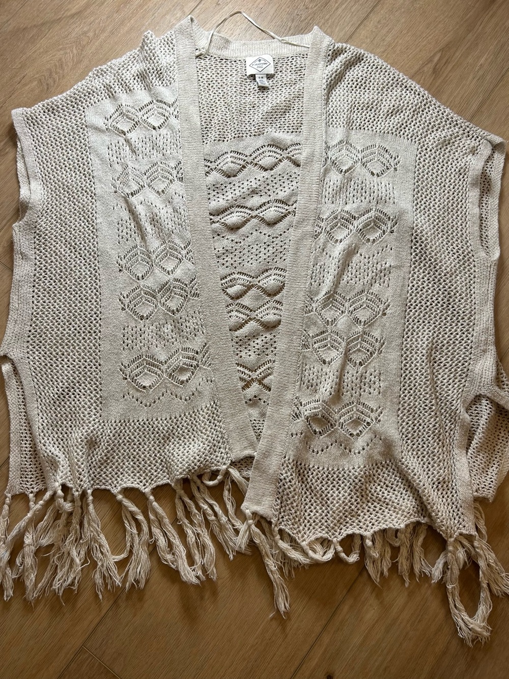 St. John's Bay Cream Crochet Open-Front Fringe Cardigan Vest, Size S-M
